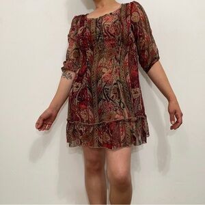 Pinky Women’s S Y2K Sheer Floral Burgundy Flare Half Sleeve Midi Dress